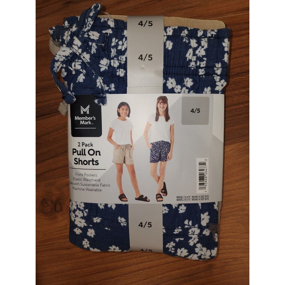 2 Member's Mark Girl's 2-Pack Linen Shorts Tan/Floral Chambray 4/5